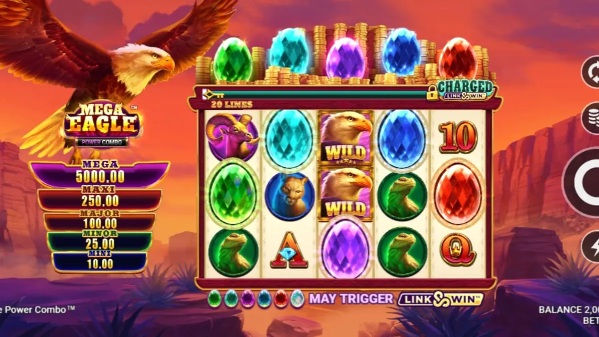 Mega Eagle Power Combo slot game screen featuring mountain wildlife